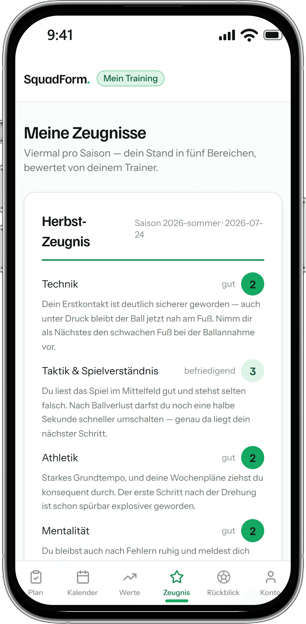 Spieler-Zeugnis mit Noten in fünf Bereichen und persönlichem Text